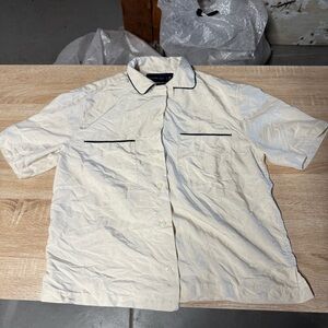 Abercrombie & Fitch Cream Black Piped Cropped Short Sleeve Button-Up Shirt XS